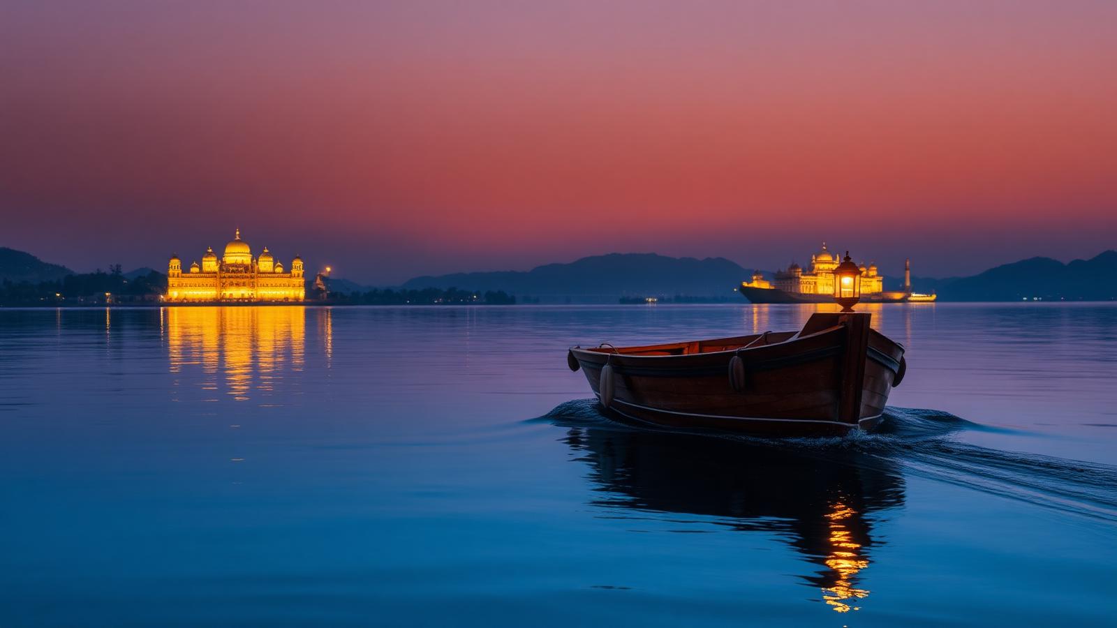 Private wooden boat on Lake Pichola at blue hour with City Palace silhouette
