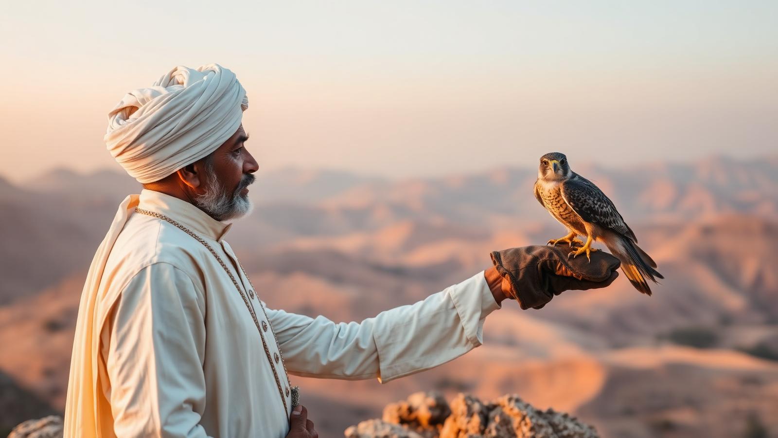 A Rajasthani falconer at sunrise on the Aravalli foothills with a hooded falcon on a gloved hand