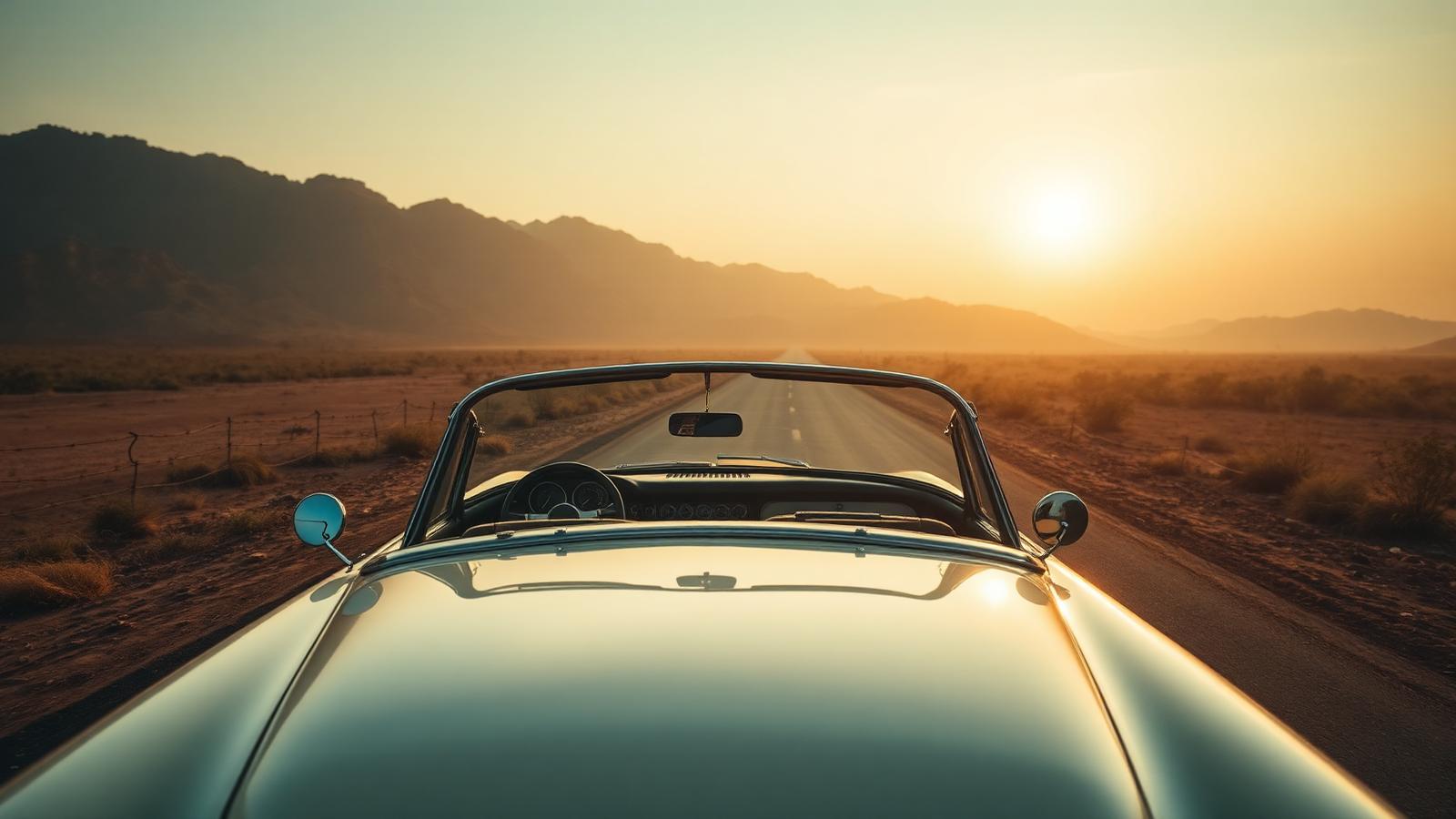 1950s convertible parked on a rural road below the great wall of Kumbhalgarh fort